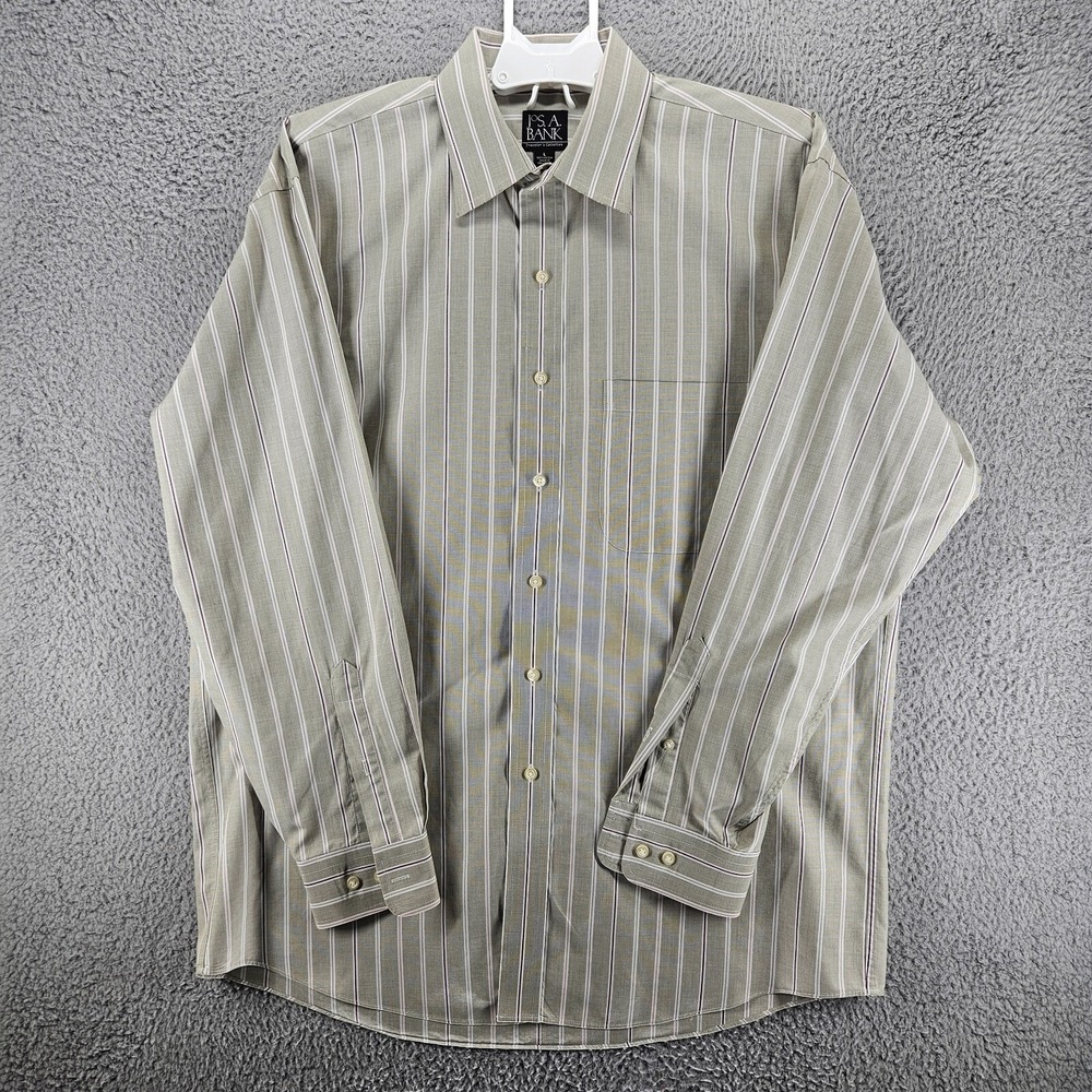 Jos. A. Bank Travelers Collection Mens Large Olive Green Striped Button Down
